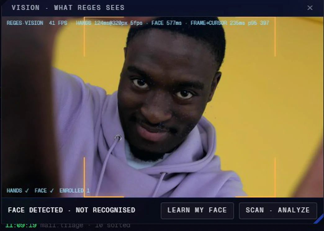 The Reges vision window tracking a hand held up to the camera