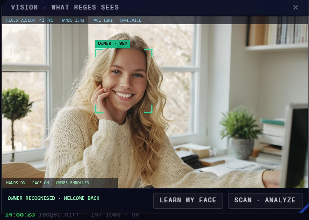 Reges vision recognising its owner, with live face tracking
